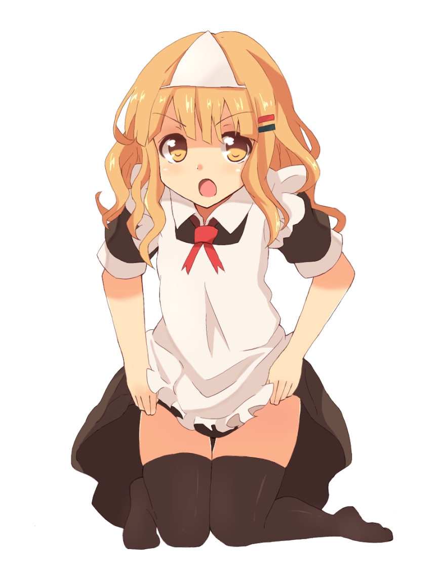 1girl, blonde_hair, brown_eyes, dress, dress_lift, maid, oomuro_sakurako, owafu