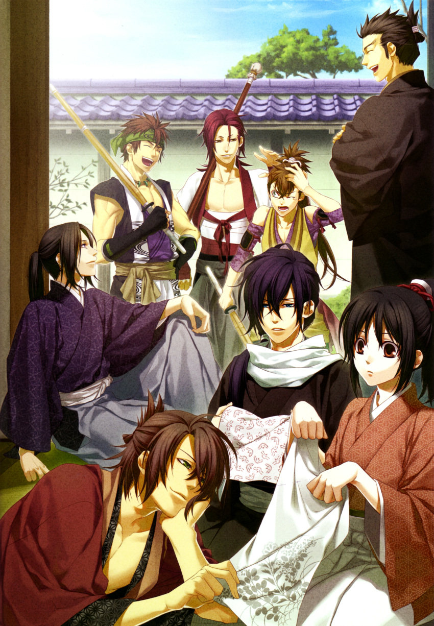 black_hair, hakuouki_shinsengumi_kitan, harada_sanosuke, hijikata_toshizou_(hakuouki), kazuki_yone, kondou_isami_(hakuouki), nagakura_shinpachi, okita_souji_(hakuouki), saitou_hajime_(hakuouki), toudou_heisuke, violet_eyes, yukimura_chizuru