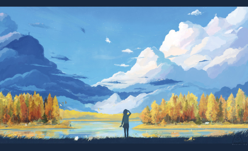 arsenixc, autumn, bicycle, bird, cat, cloud, fang, fish, flower, highres, lake, landscape, mountain, original, scenery, short_hair, signed, skirt, sky, star_(sky), starry_sky, swordfish, tree, water