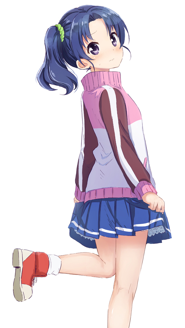 1girl, 3:, abe_kanari, blue_hair, blush, boots, from_behind, hair_ornament