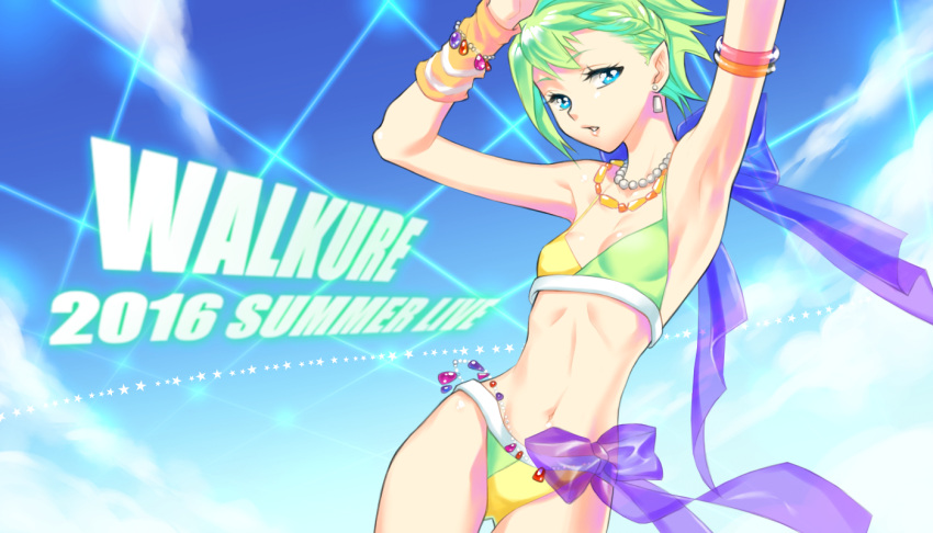 1girl, bikini, blue_eyes, breasts, don, green_hair, macross, macross_delta