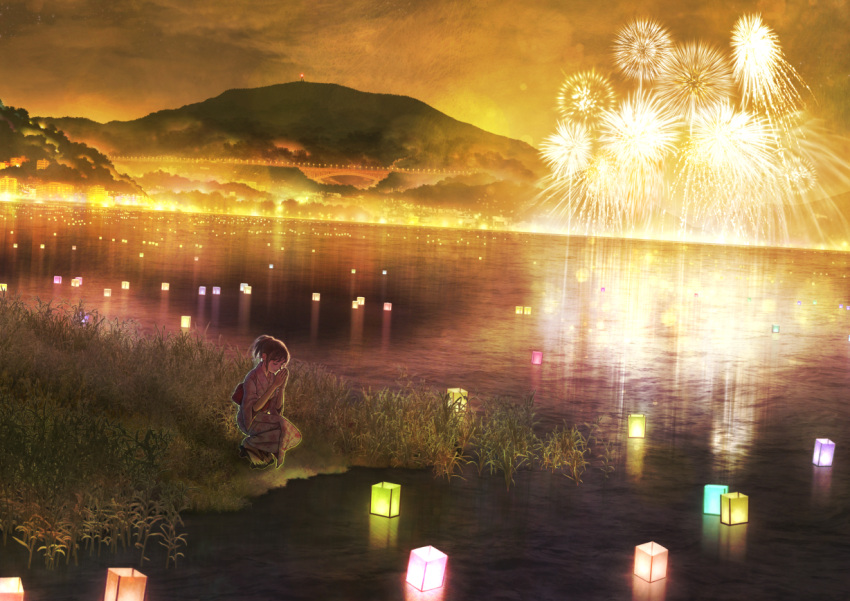 1girl, aerial_fireworks, blurry, bridge, brown_hair, city_lights, closed_eyes, clouds