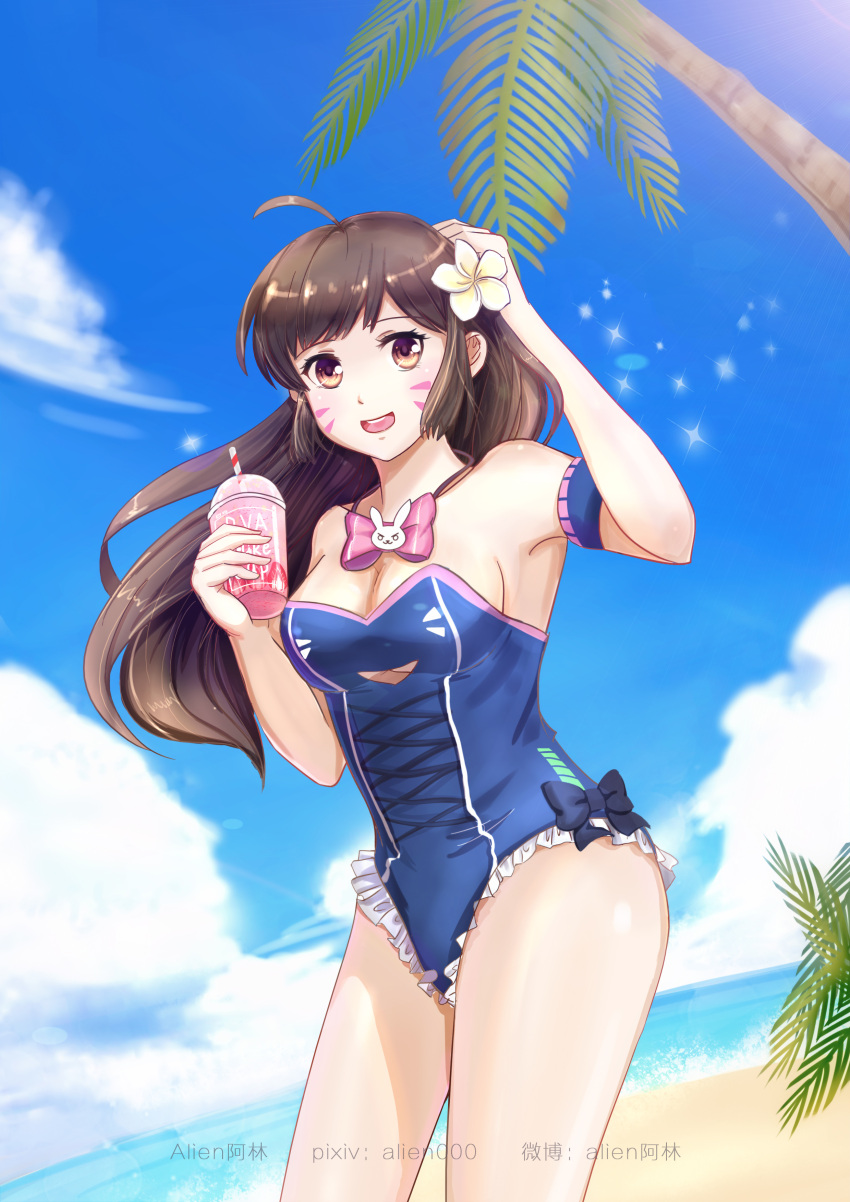 1girl, absurdres, ahoge, alien_(15307703), artist_name, bare_shoulders, breasts, brown_eyes, brown_hair, cleavage, collarbone, d.va_(overwatch), eyebrows_visible_through_hair, flower, hair_flower, hair_ornament, highres, long_hair, looking_at_viewer, medium_breasts, open_mouth, overwatch, smile, solo, standing, summer, swimsuit