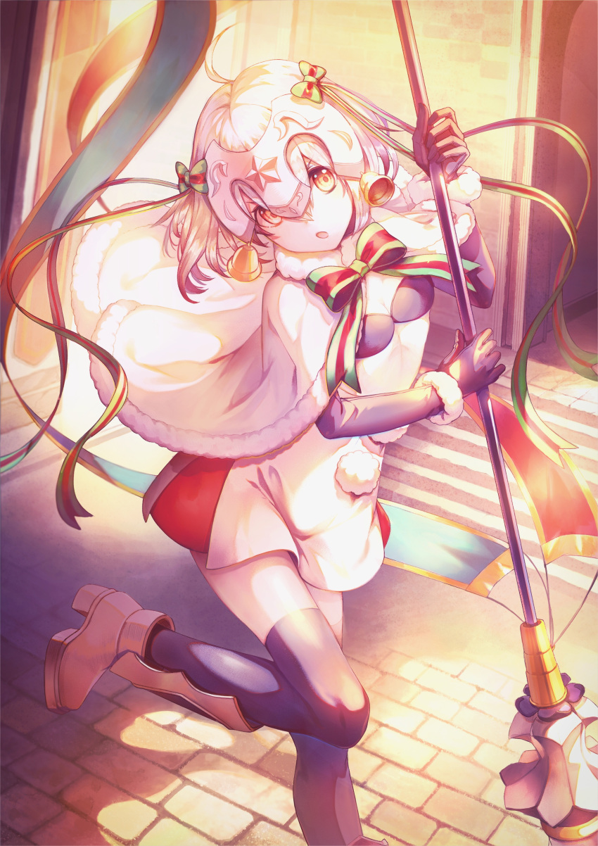 1girl, absurdres, ahoge, bell, black_gloves, black_legwear, boots, bow