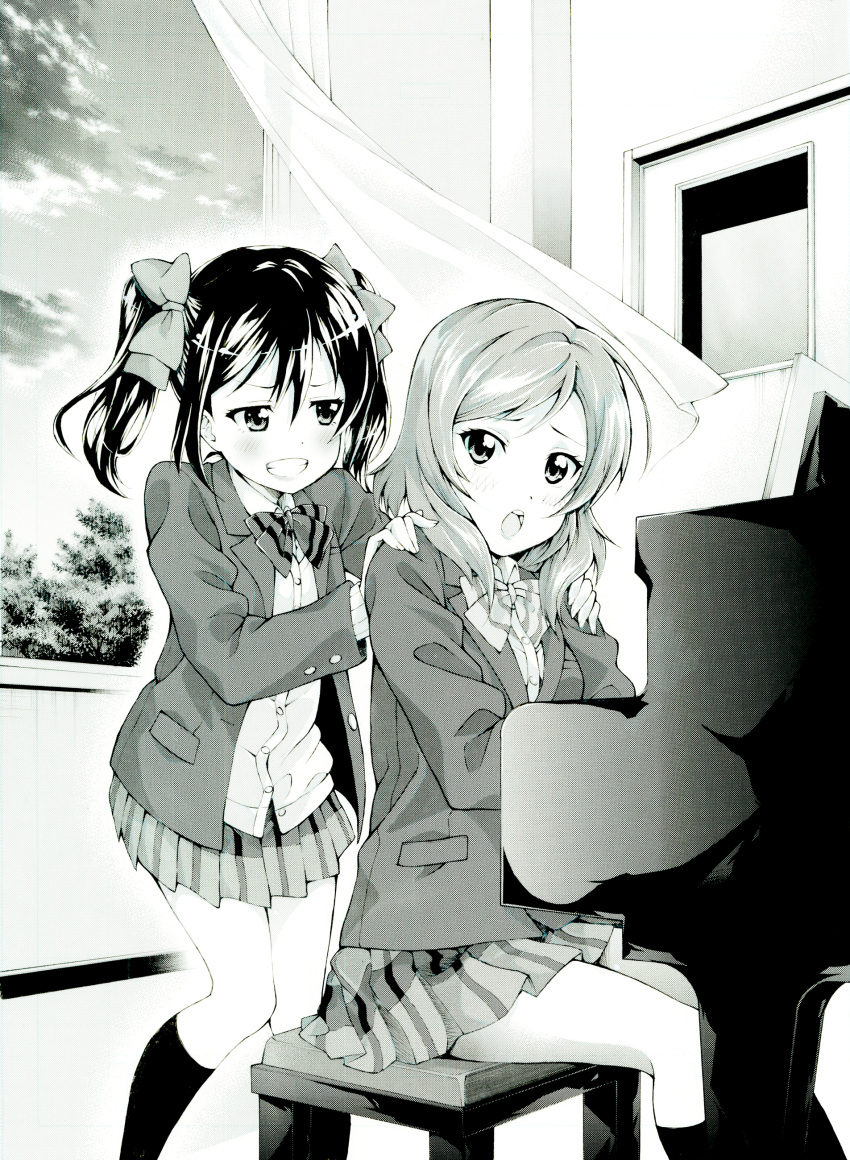 2girls, absurdres, blush_stickers, calligraphy_brush_(medium), curtains, grin, hands_on_another's_shoulders, highres, instrument, kneehighs, love_live!, love_live!_school_idol_project, millipen_(medium), multiple_girls, nib_pen_(medium), nishikino_maki, open_mouth, piano, piano_bench, satoutakahumi, school_uniform, sitting, smile, traditional_media, window, yazawa_nico