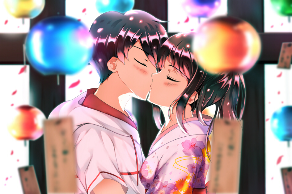 1boy, 1girl, azumi_kotarou, blush, brown_hair, closed_eyes, floral_print, hetero