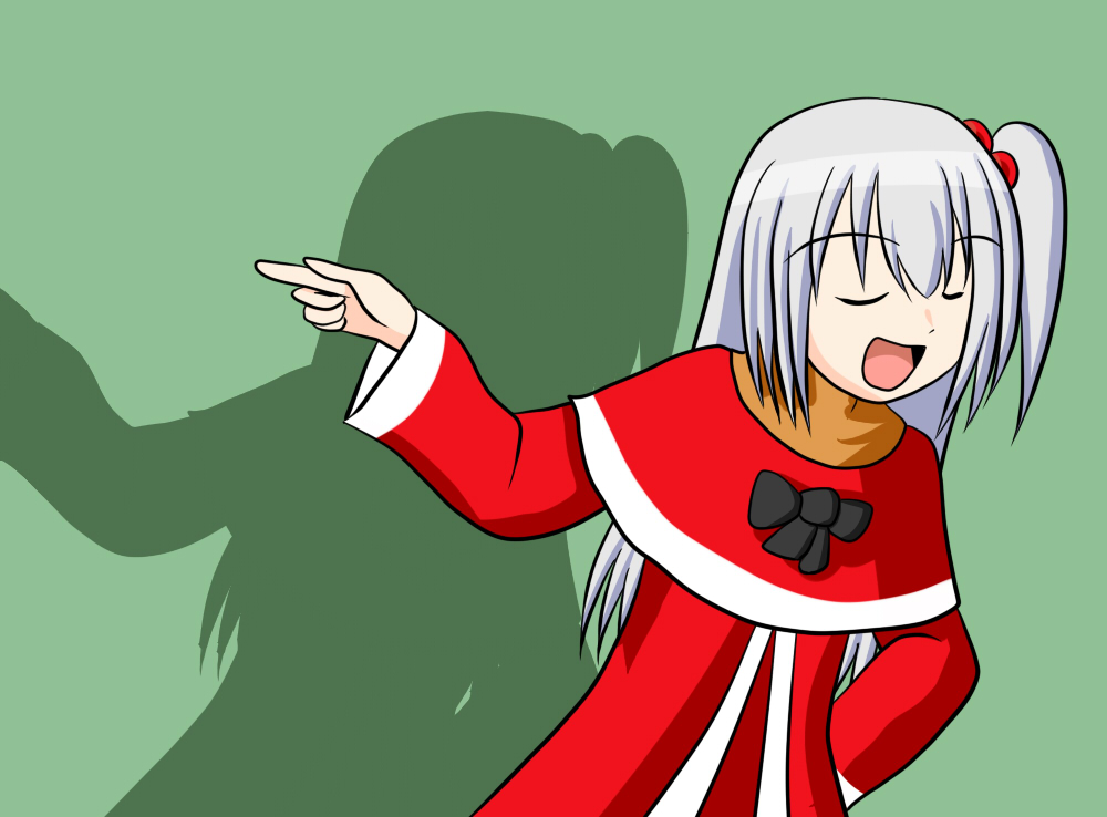 1girl, azumanga_daioh, bad_id, caipirinha_(meme), closed_eyes, dancing, green_background, happy, long_hair, meme, parody, pointing, shinki, side_ponytail, silver_hair, takino_tomo, touhou