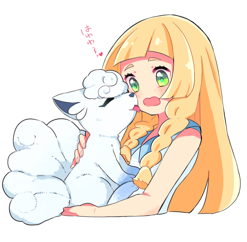 1girl, alola_form, alolan_vulpix, blonde_hair, braid, commentary_request, face_licking, hetchhog_tw