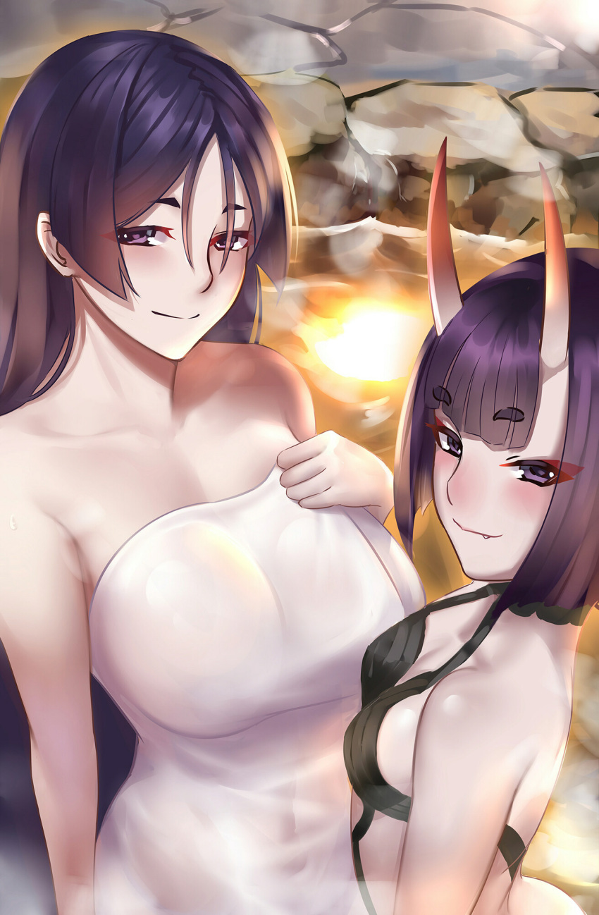 2girls, breasts, fang, fate/grand_order, fate_(series), highres, horns, iandrea