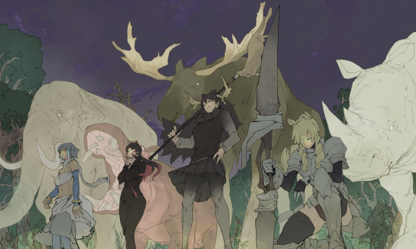 4girls, animal_ears, antlers, aqua_eyes, armor, armored_boots, arms_at_sides, bare_shoulders