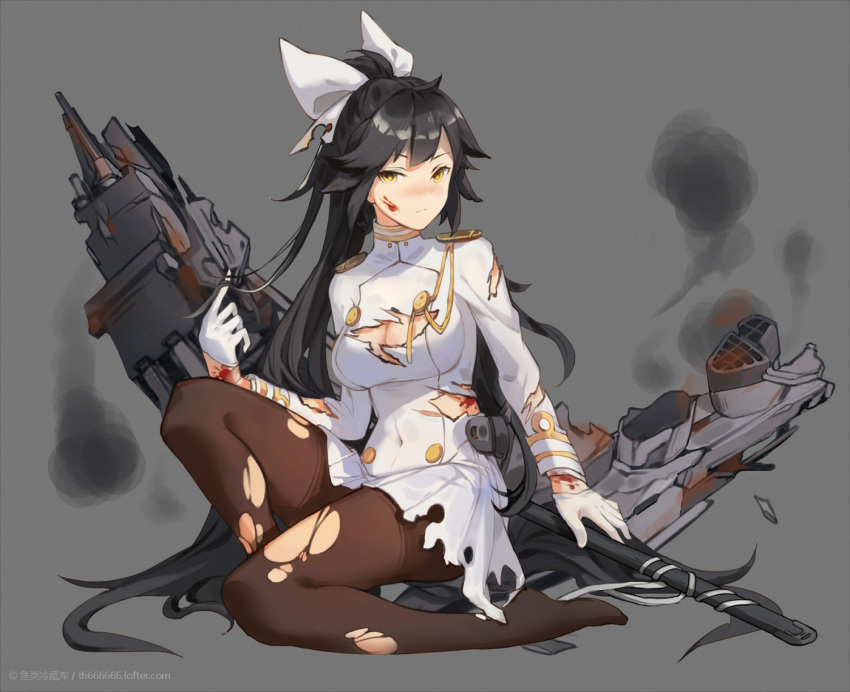 1girl, azur_lane, bangs, bilan_hangxian, black_hair, black_legwear, blood, blood_on_face