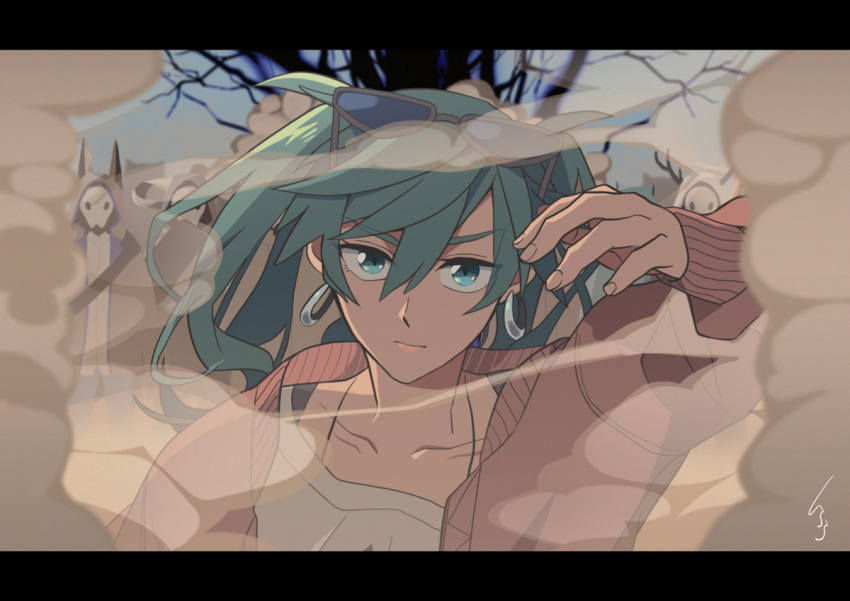 1girl, aqua_eyes, dust_cloud, earrings, green_eyes, green_hair, hatsune_miku, hood