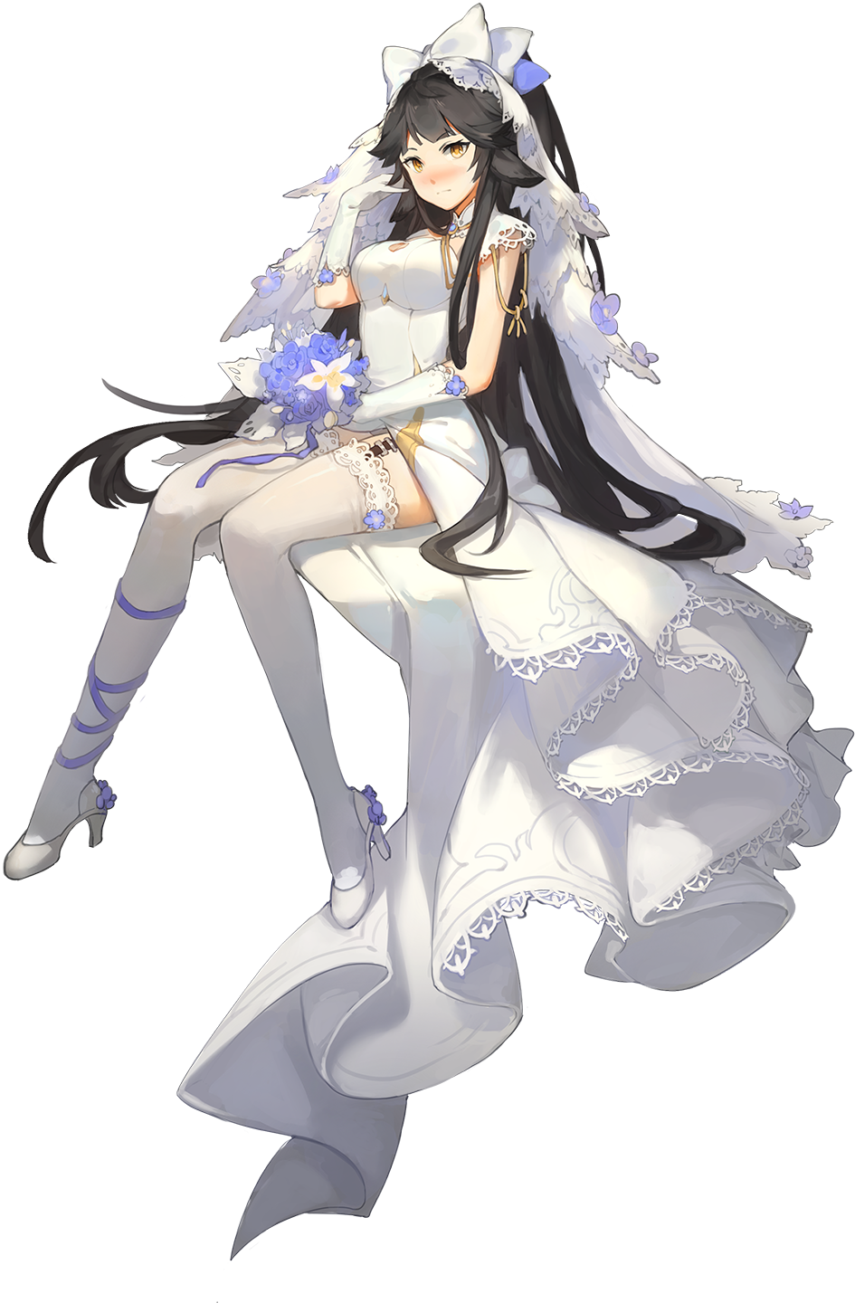 1girl, azur_lane, bilan_hangxian, black_hair, blush, bouquet, bow, closed_mouth