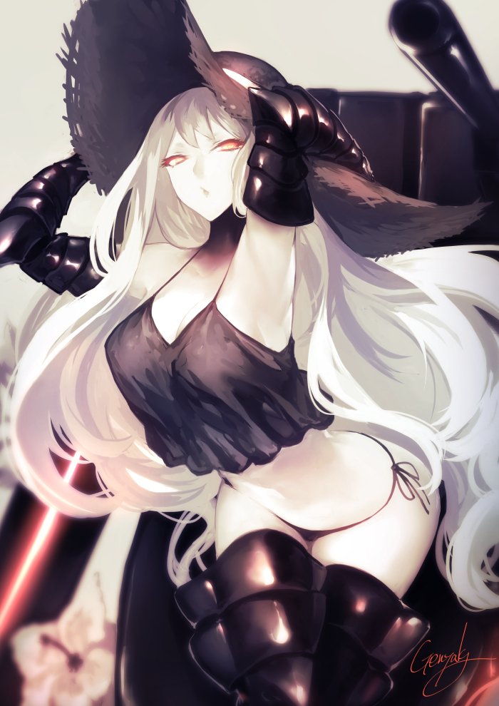 1girl, aircraft_carrier_summer_hime, armpits, artist_name, bikini, black_bikini, black_gloves, black_hat, black_legwear, black_panties, breasts, cannon, elbow_gloves, gloves, grey_background, hand_on_headwear, hat, kantai_collection, kyouya_(mukuro238), large_breasts, long_hair, looking_at_viewer, pale_skin, panties, parted_lips, ponytail, red_eyes, shinkaisei-kan, side-tie_bottom, side_ponytail, simple_background, solo, sun_hat, swimsuit, thigh-highs, turret, underwear, white_hair