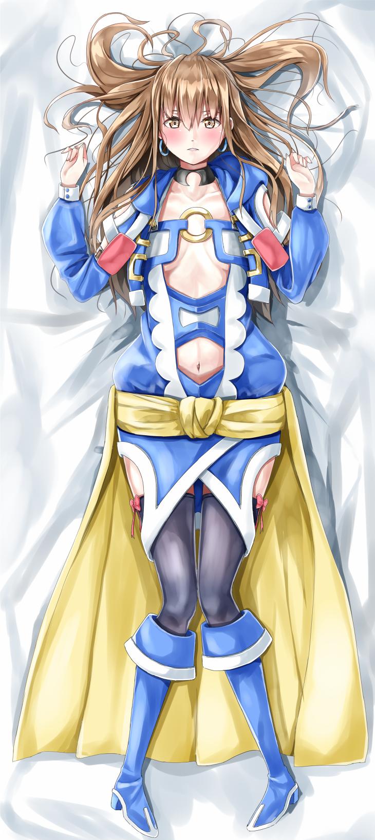 1girl, amagami_rukichi, arm_cutout, bangs, bed_sheet, black_legwear, blue_boots, blue_earrings