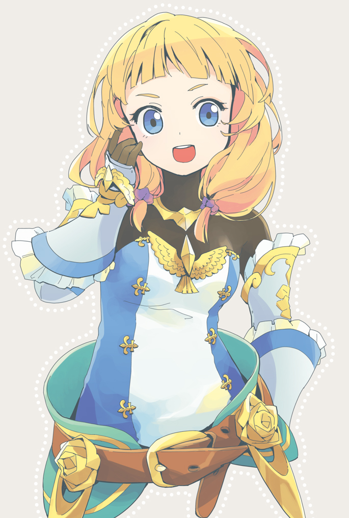 1girl, armor, belt, blonde_hair, blue_eyes, bodysuit, breasts, fencer_(sekaiju), gauntlets, gloves, long_hair, looking_at_viewer, open_mouth, pepeko, sekaiju_no_meikyuu, sekaiju_no_meikyuu_5, smile, solo, twintails