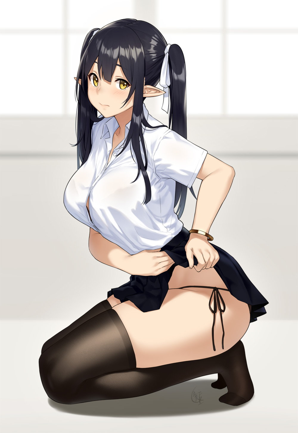 1girl, black_bra, black_hair, black_legwear, black_panties, blush, bra, bra_peek