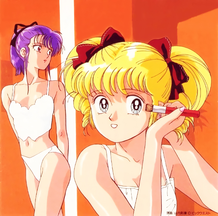 2girls, 80s, applying_makeup, arms_behind_back, asagiri_rei, blonde_hair, blush, hair_ribbon