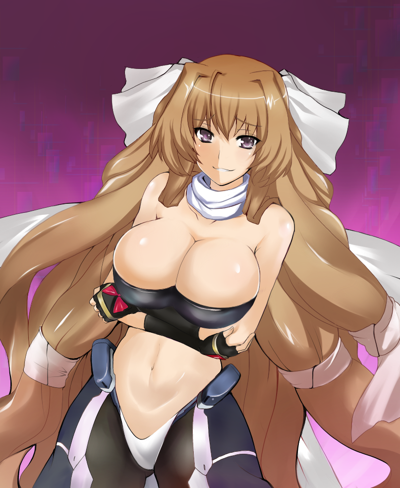 1girl, aoi_kimi, bow, breast_hold, breasts, brown_hair, cleavage, crop_top