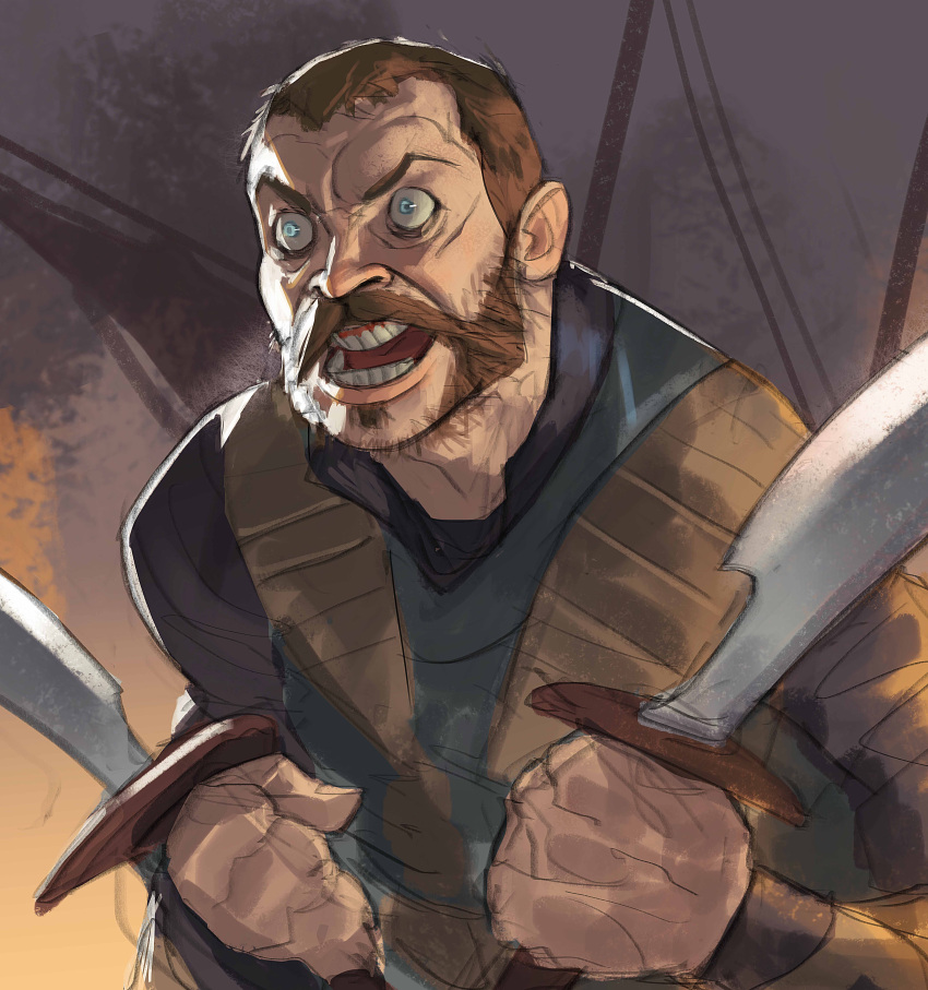 a_song_of_ice_and_fire, absurdres, blue_eyes, brown_hair, crazy_eyes, euron_greyjoy, facial_hair, game_of_thrones, highres, ramonn90, short_hair, sword, weapon