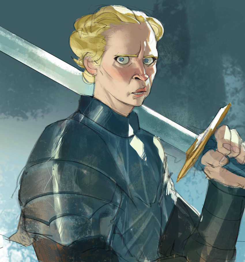 a_song_of_ice_and_fire, absurdres, armor, blonde_hair, blue_eyes, brienne_of_tarth, game_of_thrones, highres, ramonn90, short_hair, sword, weapon
