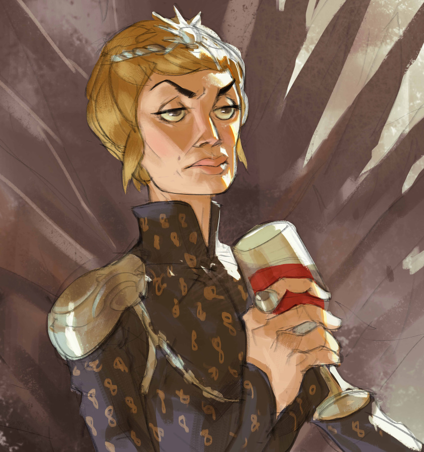 a_song_of_ice_and_fire, absurdres, armor, blonde_hair, brown_eyes, cersei_lannister, crown, cup
