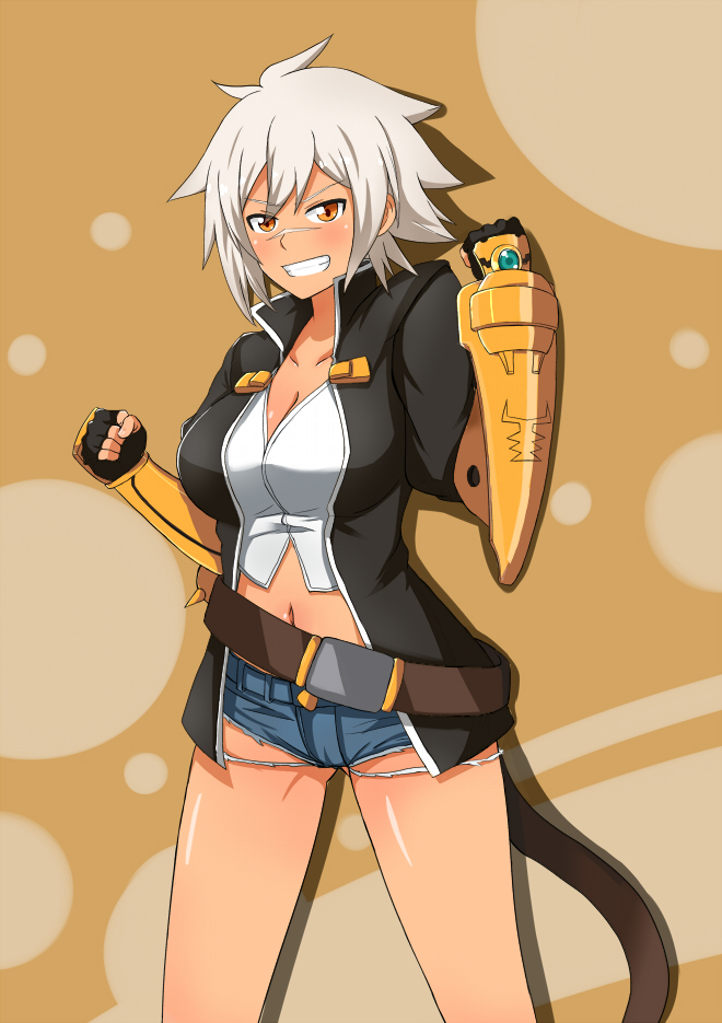 >:), 1girl, belt, black_gloves, black_jacket, blazblue, blazblue:_chronophantasma, blush