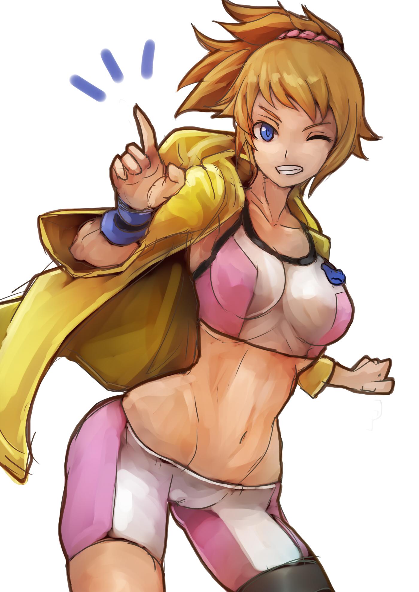 >;), 1girl, bike_shorts, blue_eyes, breasts, brown_hair, collarbone, cowboy_shot