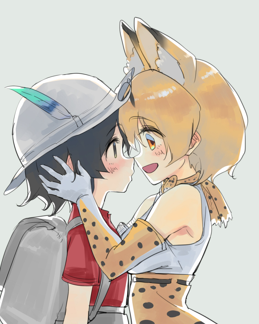 2girls, animal_ears, backpack, bag, belt, blackblades, blush, bucket_hat