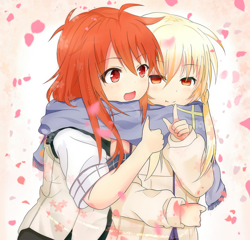 2girls, ahoge, blonde_hair, braid, brown_eyes, coat, detached_sleeves, erniang, highres, index_finger_raised, kagerou_(zhan_jian_shao_nyu), multiple_girls, open_mouth, petals, purple_scarf, red_eyes, redhead, rose_petals, scarf, shared_scarf, shiranui_(zhan_jian_shao_nyu), smile, thumbs_up, twin_braids, zhan_jian_shao_nyu