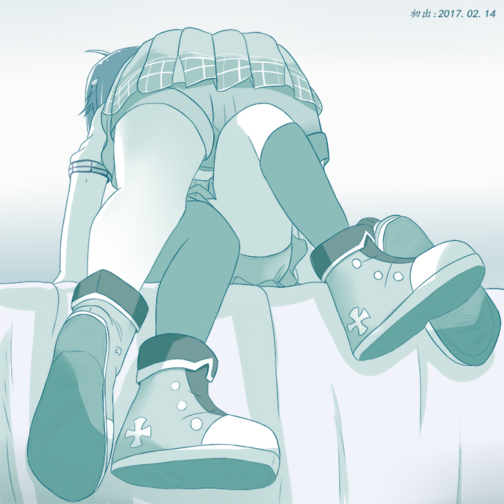 2girls, bed, dated, erniang, kagerou_(zhan_jian_shao_nyu), miniskirt, mismatched_legwear, monochrome