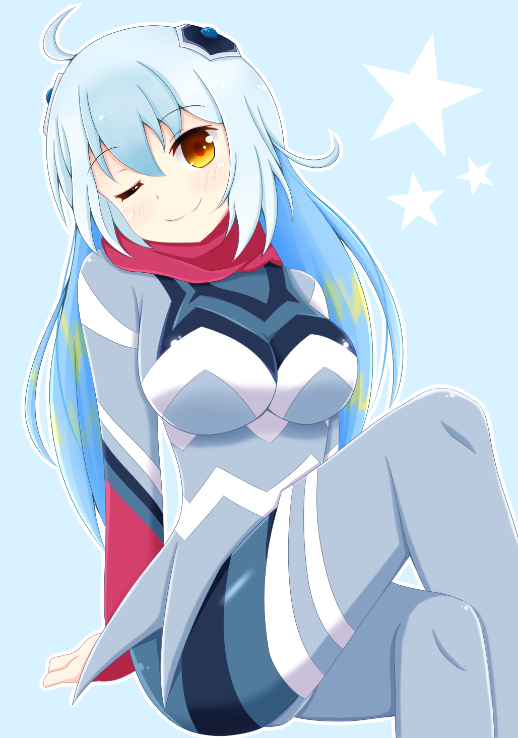 1girl, ;), ahoge, arm_support, blonde_hair, blue_hair, guts_seijin, hair_ornament
