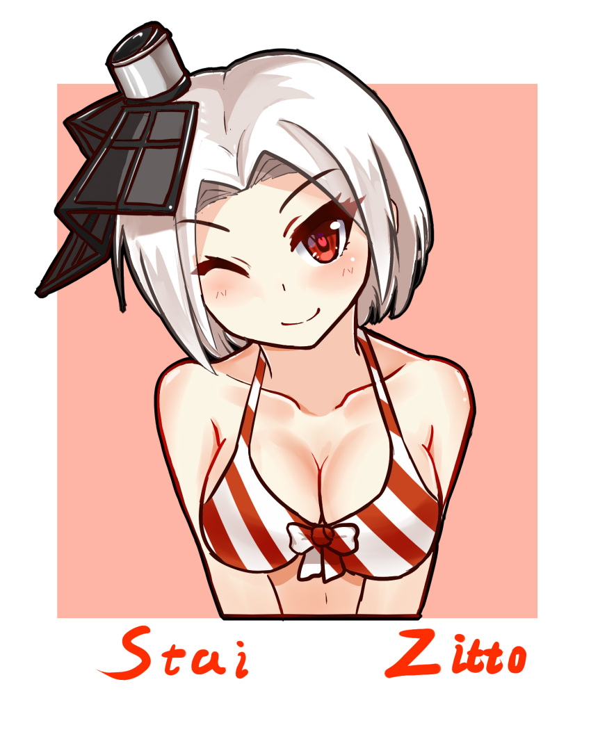 1girl, ;), alternate_breast_size, bikini, bikini_top, blush, breasts, cleavage