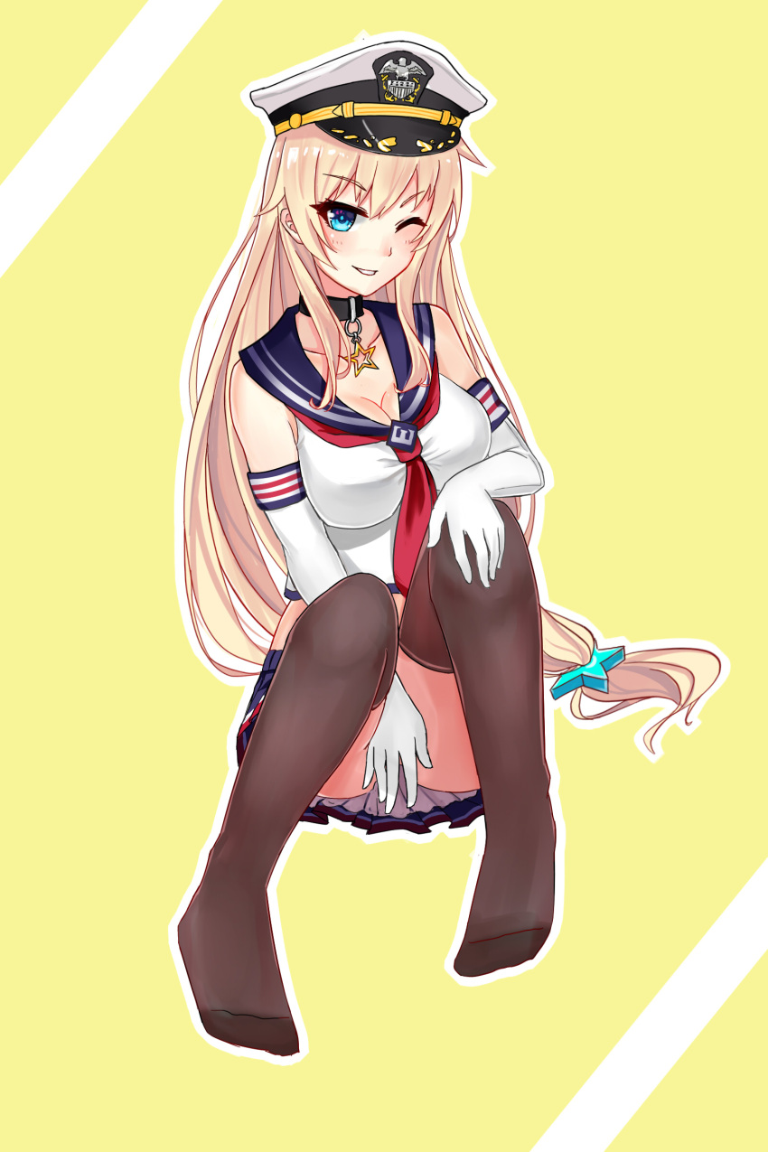 1girl, ;), absurdres, black_legwear, blonde_hair, breasts, cleavage, collar