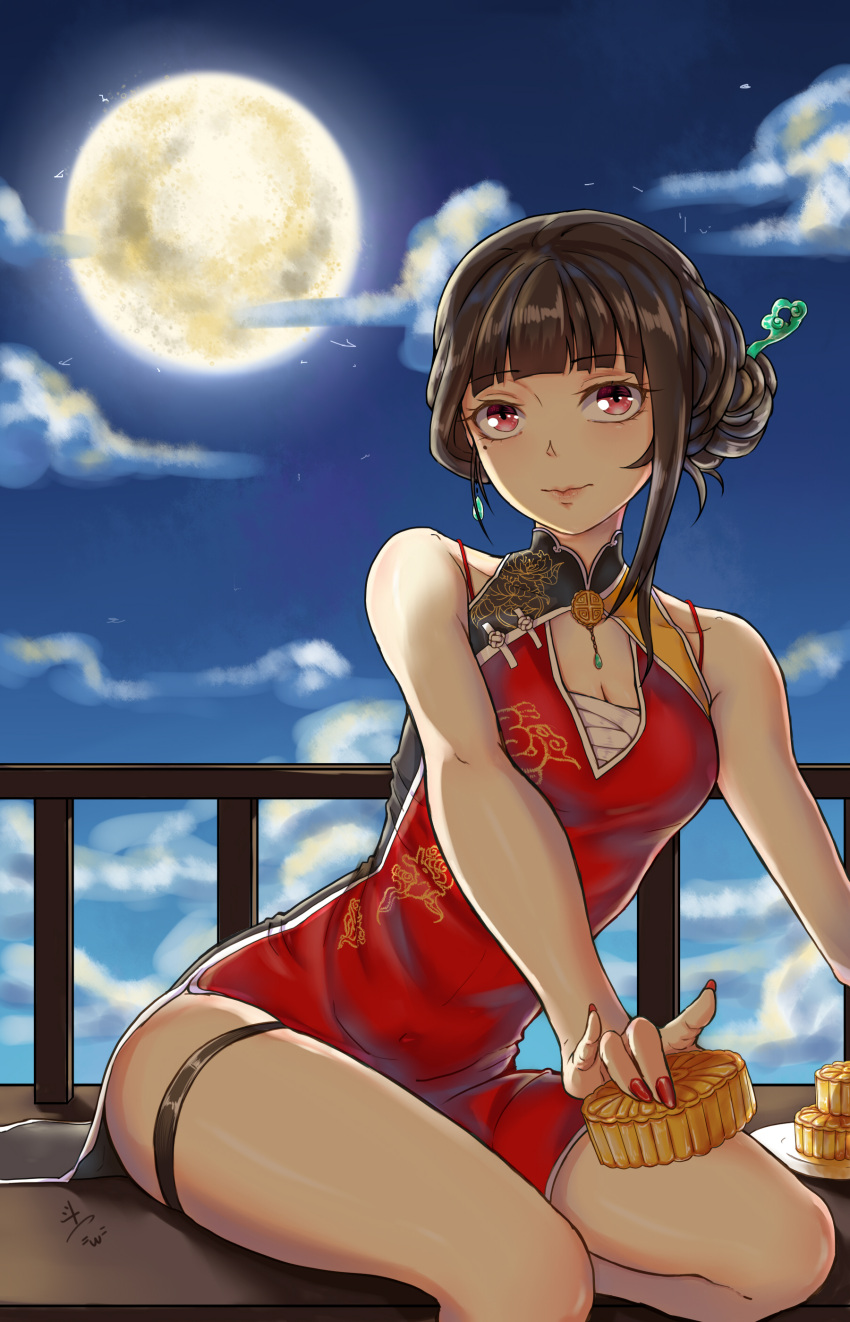 1girl, \m/, absurdres, bangs, bare_shoulders, black_hair, blunt_bangs, china_dress