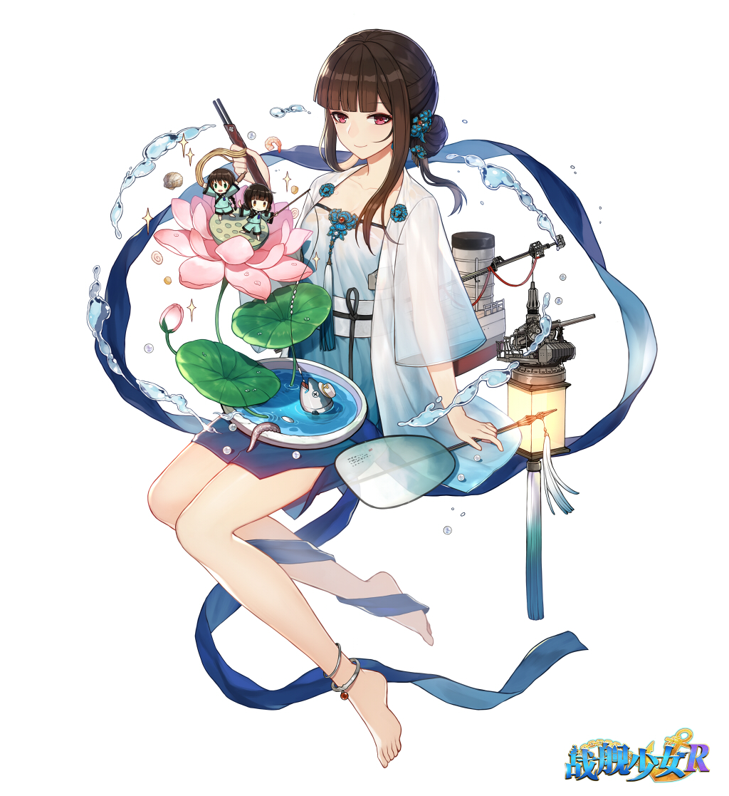 3girls, alternate_costume, anklet, bangs, barefoot, black_hair, blue_skirt, blunt_bangs