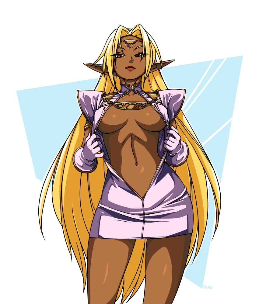 blonde_hair, breasts, brown_eyes, closed_mouth, commentary, cowboy_shot, dark_skin, dress