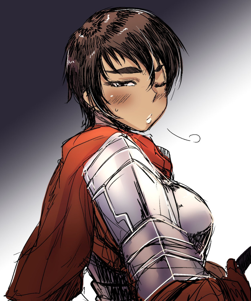 1girl, =3, armor, bakuya, berserk, blush, breastplate, brown_hair, casca, cloak, dark_skin, gloves, gradient, gradient_background, highres, hilt, lips, looking_at_viewer, one_eye_closed, shoulder_pads, solo, thick_eyebrows, upper_body