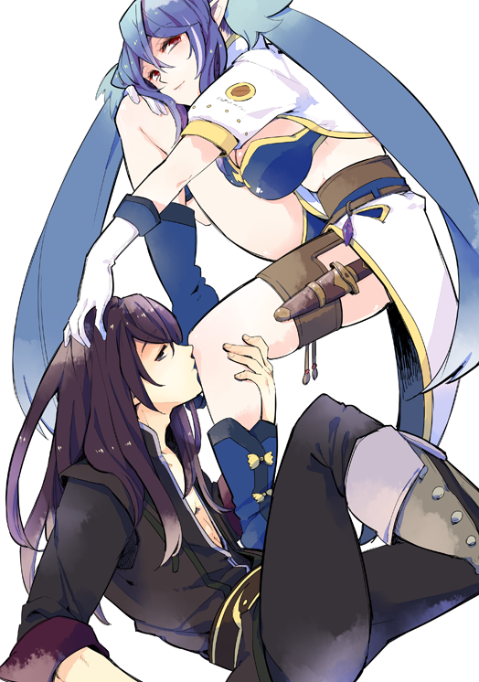 1boy, 1girl, belt, black_hair, black_pants, black_shirt, blue_boots, blue_bra