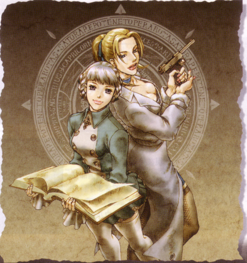 2girls, blonde_hair, book, gun, margarete_gertrude_zelle, official_art, scan, shadow_hearts