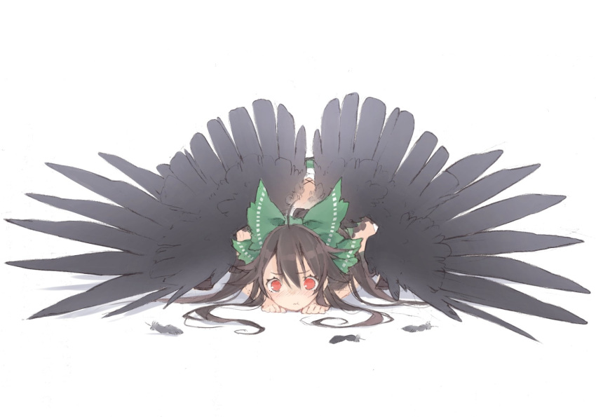 >:t, 1girl, :t, black_legwear, bow, brown_hair, feathers, green_ribbon