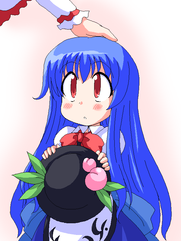 child, food, fruit, geetsu, hat, hat_removed, headwear_removed, hinanawi_tenshi