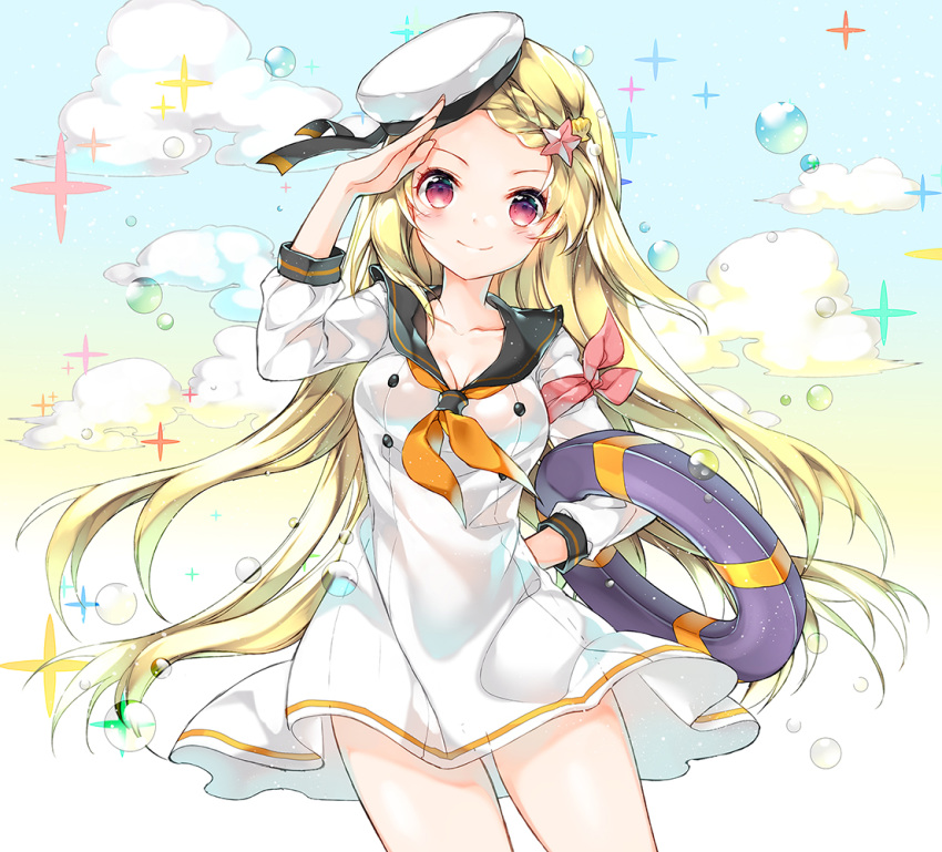 1girl, arm_up, blonde_hair, blush, braid, breasts, closed_mouth, clouds