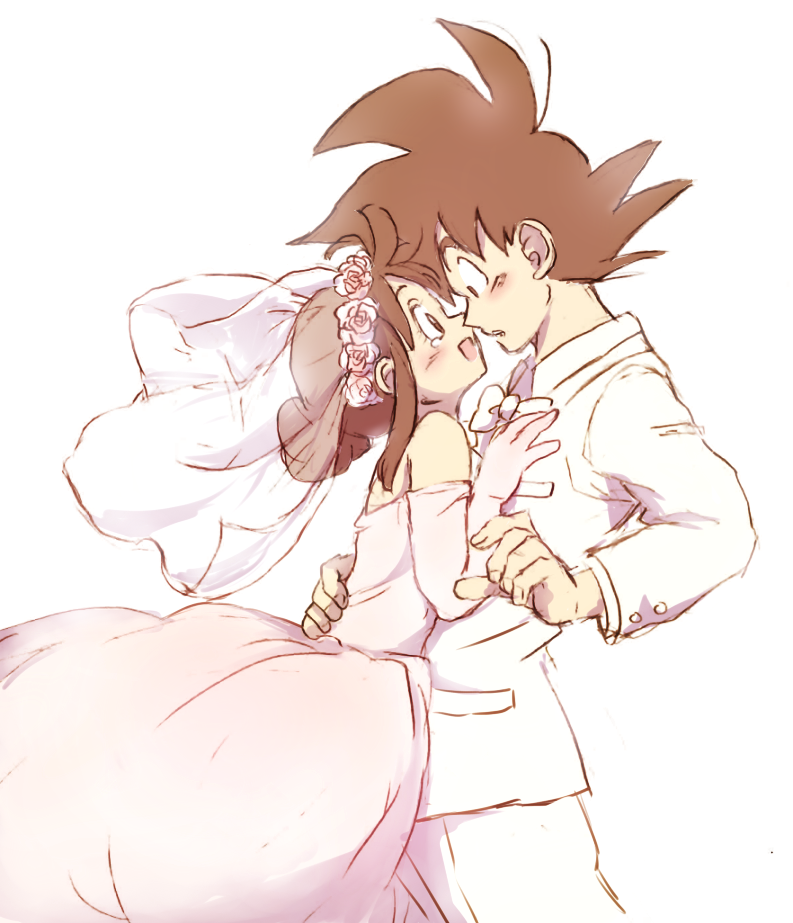 1girl, :d, black_eyes, black_hair, bridal_veil, chi-chi_(dragon_ball), couple, dragon_ball