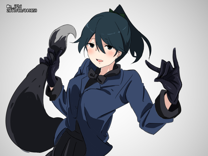 1girl, black_eyes, black_hair, bow, bowtie, cosplay, fox_tail, gloves, gradient, gradient_background, houshou_(kantai_collection), jacket, kantai_collection, kemono_friends, ponytail, silver_fox_(kemono_friends), silver_fox_(kemono_friends)_(cosplay), skirt, tail, vi3r6ein