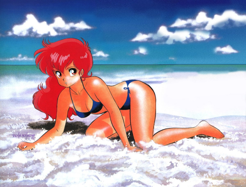 1girl, 80s, akaishizawa_takashi, all_fours, artist_name, barefoot, beach, bikini