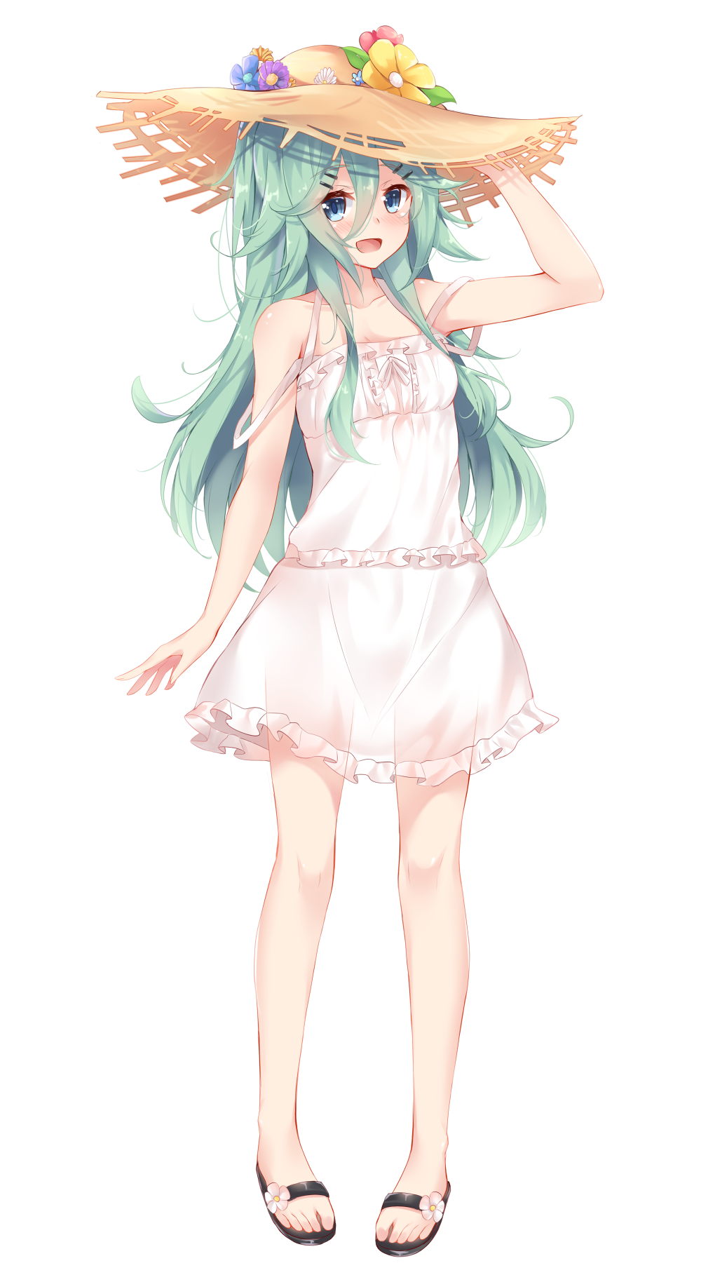 1girl, :d, bare_shoulders, blue_eyes, blush, dress, eyebrows_visible_through_hair, full_body, green_hair, hair_ornament, hairclip, hat, highres, kantai_collection, long_hair, looking_at_viewer, nahaki, open_mouth, sandals, simple_background, smile, solo, standing, straw_hat, white_background, white_dress, yamakaze_(kantai_collection)