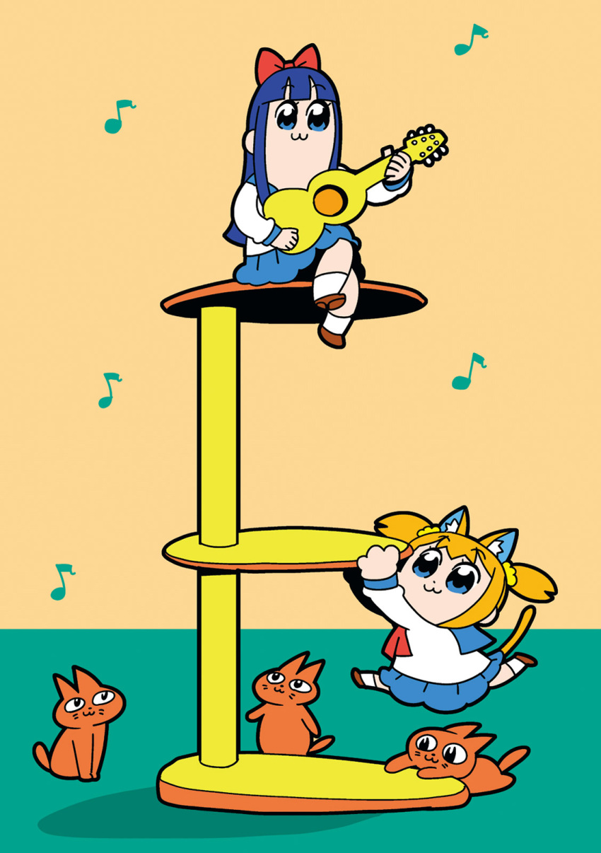 animal_ears, bkub, blonde_hair, blue_hair, bow, cat, cat_ears, cat_tail, cat_tower_(object), guitar, hair_bow, highres, instrument, long_hair, musical_note, pipimi, poptepipic, popuko, quaver, school_uniform, serafuku, tail, two_side_up