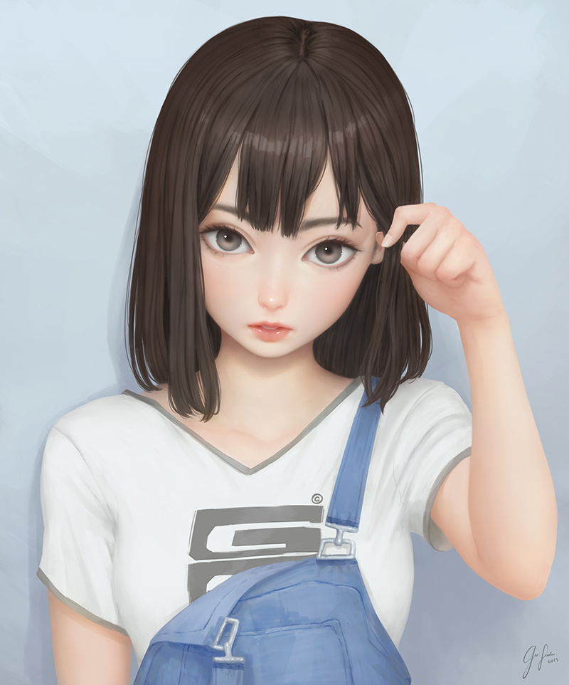 1girl, arm_up, artist_name, bangs, black_hair, brown_eyes, closed_mouth, dated, denim, eyelashes, geo_siador, grey_background, hand_in_hair, lips, looking_at_viewer, nose, original, overalls, parted_lips, realistic, shiny, shiny_hair, shirt, short_hair, signature, solo, straight_hair, strap_slip, upper_body, white_shirt