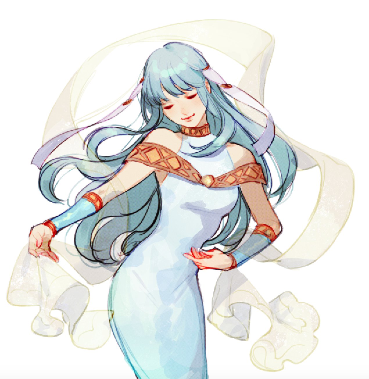 1girl, bangs, blue_dress, blue_hair, blush, breasts, closed_eyes, dress